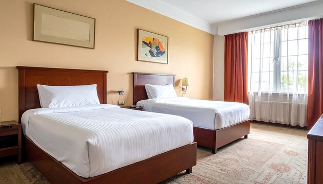 A hotel room with two neatly made beds and a large window