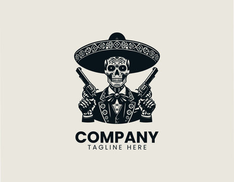 A skeletal mariachi gunslinger is illustrated in bold black vector western design