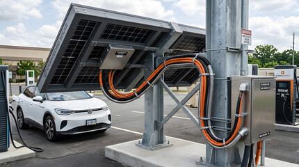 Fototapeta premium electric vehicle charging station with solar panel canopy and white car