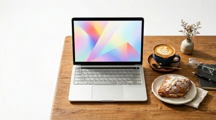 Fototapeta premium Laptop With Coffee and Croissant on Wooden Desk