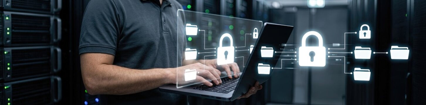 Data security measures implemented in server rooms technology sector digital content cybersecurity environment close-up view protecting sensitive information