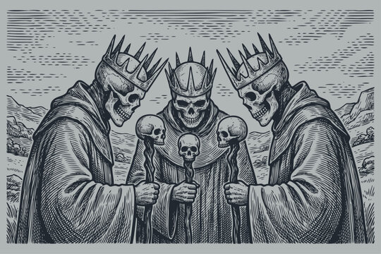Three skeleton kings in crowns and robes hold scepters with skulls. Dark fantasy council of the undead. Vintage engraved vector illustration.