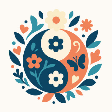 Boho Floral Yin Yang Circle Symbol Aesthetic Folk Art Style Ornament with Butterfly Hearts Leaves Decorative Harmonious Mystical Concept Graphic Mandala Emblem T-Shirt Print Poster Sticker Design
