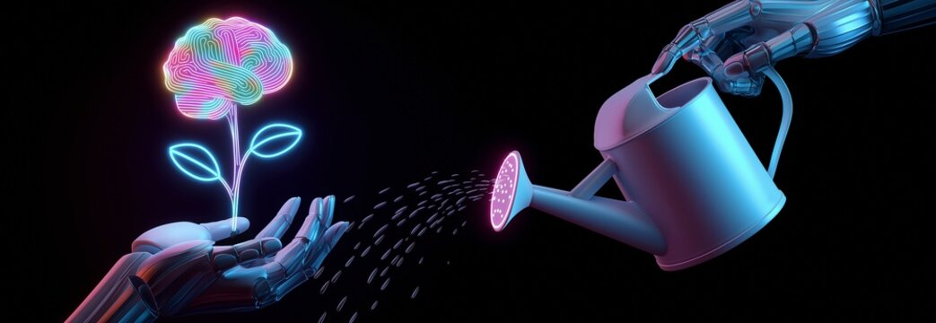A neon watering can pouring light illuminates abstract future hands supporting a brain with a sprout, signifying a growth attitude and ongoing education.