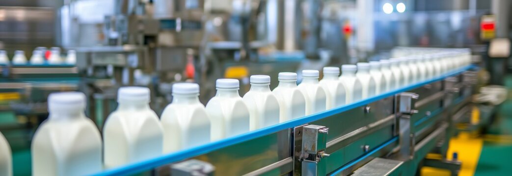 dairy factory's automated milk production line. White milk cartons traveling on a conveyor belt against the backdrop of machinery and industrial stainless steel tanks