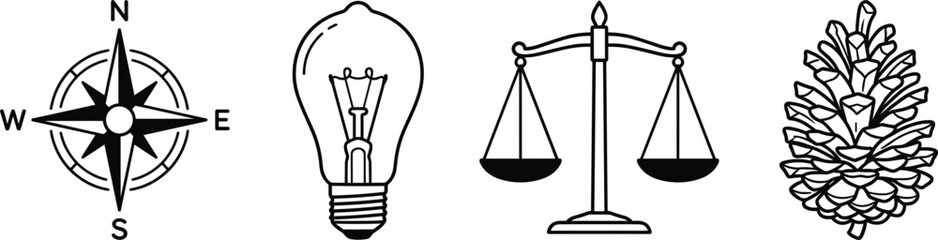 Obraz premium Bold line art vector icon set with directional compass light bulb scale of justice and pinecone