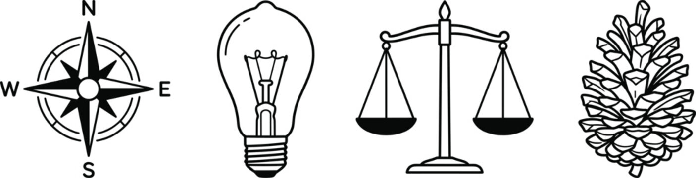 Bold line art vector icon set with directional compass light bulb scale of justice and pinecone