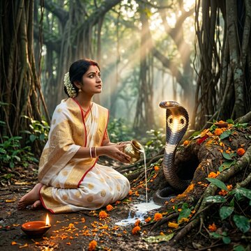 The Faithful Devotee &mdash; A Sacred Moment of Milk Offering to Nag Devta
