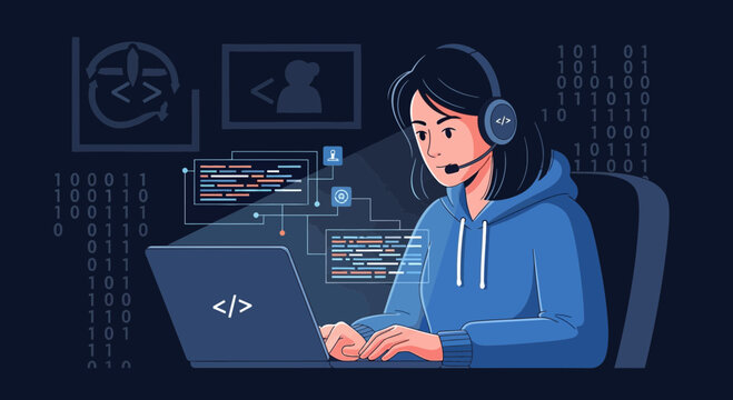 Female coder with headset working on laptop, coding, binary, digital systems