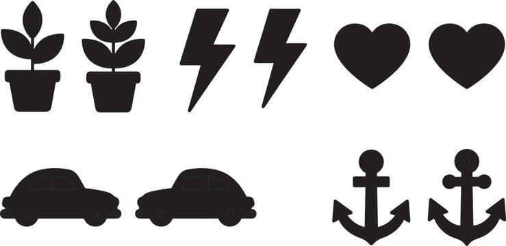 Find differences game black silhouette elements with icons of plants, lightning, hearts, cars and anchors.