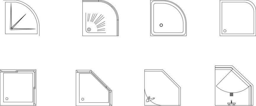 Technical architectural drawing collection showing various shower enclosure floor plans including quadrant, square, and pentagonal configurations with drains.