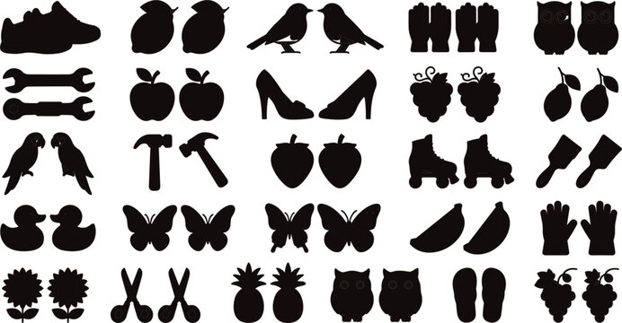 Find differences game black silhouette icons set with clothes, tools, fruits, animals and objects.