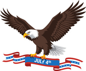 Fototapeta premium American bald eagle landing on ribbon banner with july fourth wording.