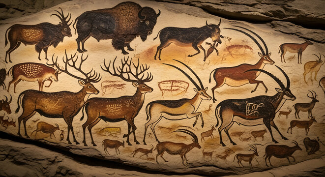 Ancient Cave Painting of Prehistoric Animals in Natural Earth Tones and Ochre