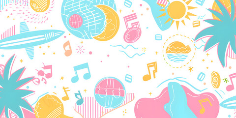 Naklejka premium Cheerful summer vacation with music and travel elements.