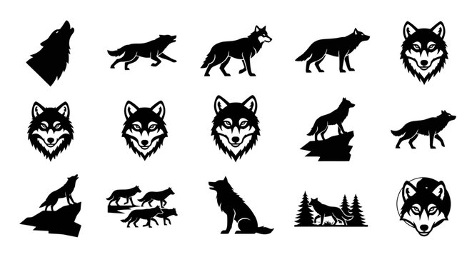 Collection of stylized wolf illustrations in various poses, showcasing their wild and majestic nature