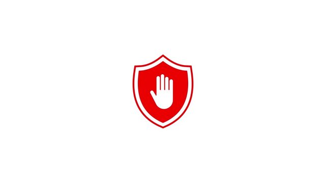 An animated shield icon with a hand gesturing stop. Protection and safety. Motion graphics animation.