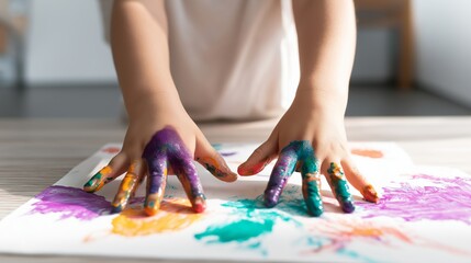 Obraz premium Little child painting with fingers on paper, exploring colors and developing artistic skills in a fun, messy activity