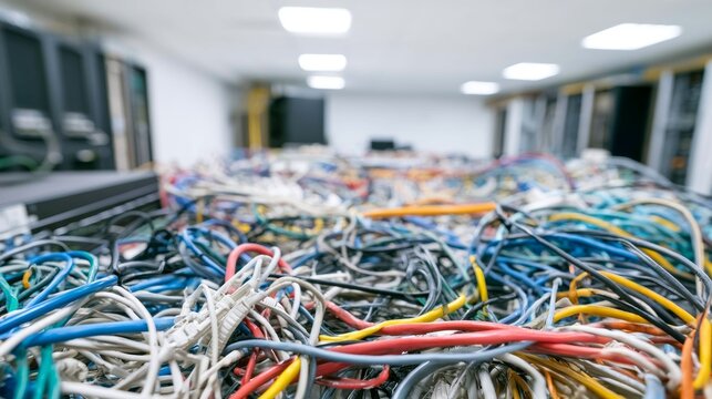 Tangled multicolored electrical cables and networking wires filling a server room, highlighting a disorganized data center environment