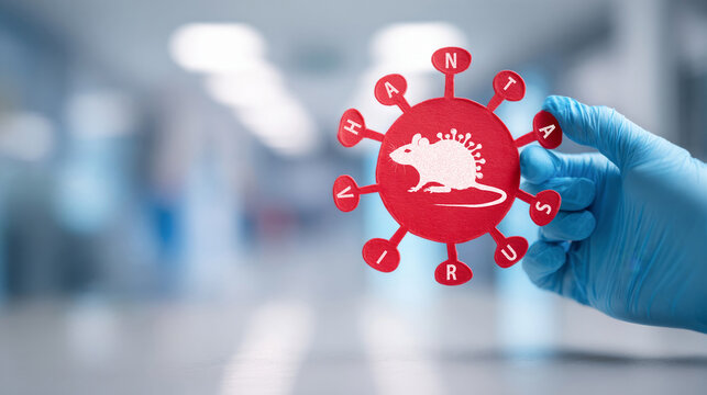 Hantavirus Orthohantavirus background concept  - Doctor's nurse's hand in hospital with red virus symbol