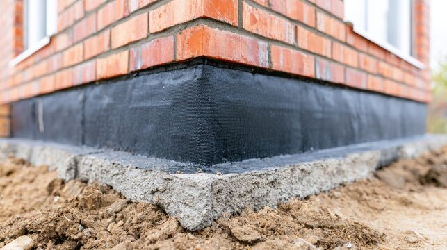 Building foundation wrapped with a black waterproofing membrane, protecting the concrete footing and brick wall during new construction