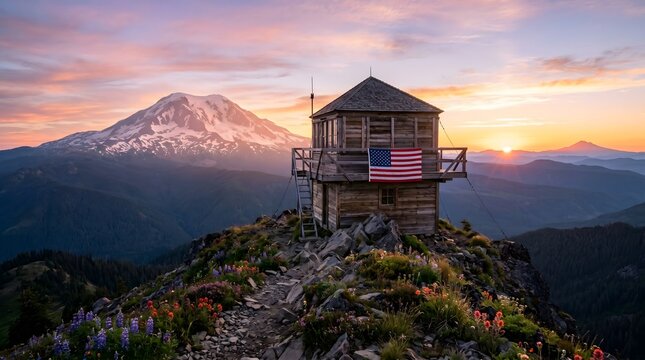 American flag atop a rustic wooden fire lookout tower overlooking dramatic mountain sunset.