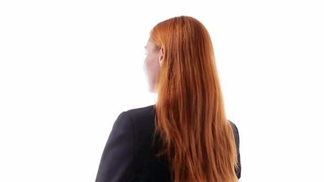 Close portrait 360 business outfit video with redhead woman in navy suit. Concept of corporate branding, fashion campaign, business profile, style guide, presentation design.