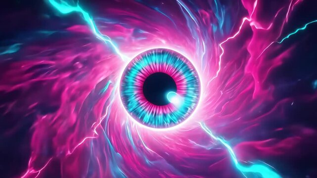 Glowing human eye centered in swirling neon energy vortex. Abstract digital art with vibrant pink and teal fluid motion. Lockdown shot.