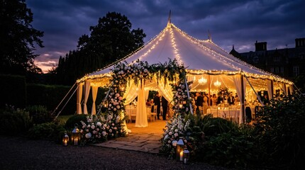 Fototapeta premium Elegant outdoor event tent adorned with lights and flowers, creating a magical atmosphere.