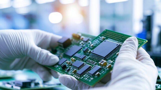 Gloved hands carefully holding and inspecting a green printed circuit board loaded with microchips during electronic device manufacturing