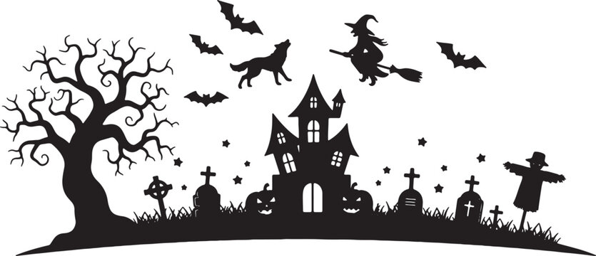 Vector silhouette illustration for Halloween featuring a spooky haunted house on a hill, flying bats, a full moon, gnarled bare trees, and cemetery gravestones on a white background.