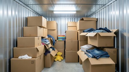 Fototapeta premium Metallic self-storage unit filled with stacked cardboard boxes, folded clothes, books, and a yellow plush toy under fluorescent lighting, moving and storage concept