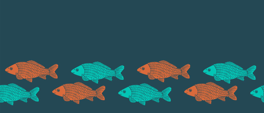 Seamless carp fish border pattern in bright turquoise and orange colors on dark blue background. Modern marine banner design for textile, packaging and summer decor.