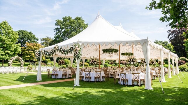Elegant outdoor wedding setup with a large white tent and beautifully arranged tables.