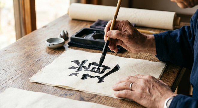 A hyperrealistic close-up illustration of a Japanese calligrapher's hands drawing kanji brushstrokes onto washi paper, with sumi ink bleeding naturally into the fibers under warm window light. The int