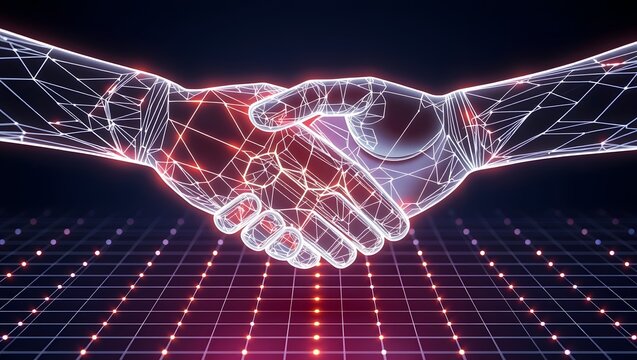 Business deal celebration with two businessmen shaking hands beside documents and a laptop after a merger is finalized