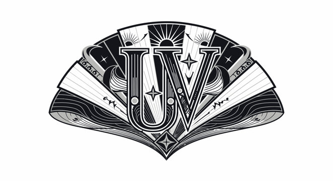 Art Deco stylized UV monogram logo with celestial fan design