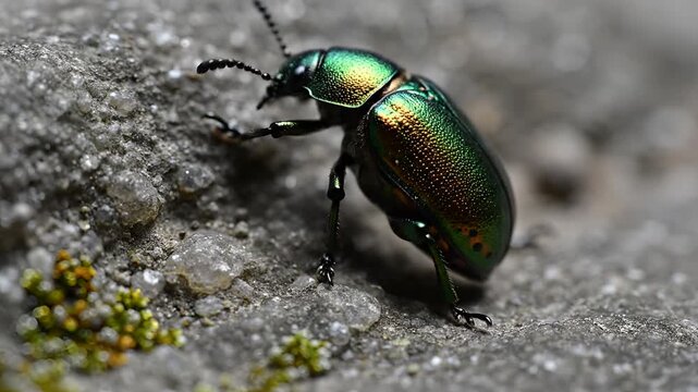 Closeup macro shot of a vibrant green beetle on a textured rock surface.