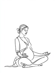 Obraz premium A pregnant woman sits in a lotus pose, showing a prominent belly, drawn in a single continuous line, emphasizing wellness and maternity themes.