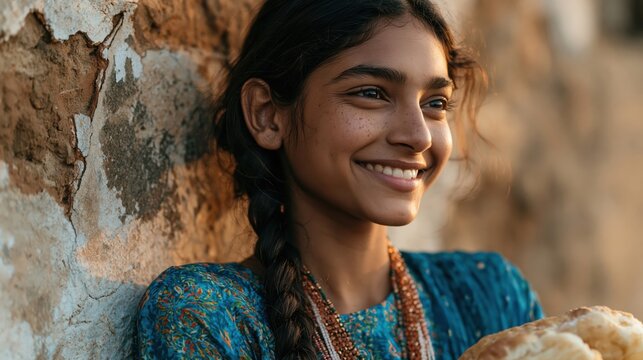 Young Indian woman with a bright smile and traditional attire, leaning against a stone wall