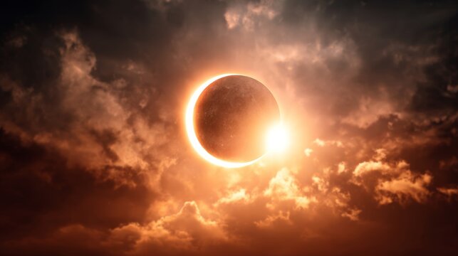 Dramatic solar eclipse creating a glowing corona with strong light rays against a dark, cloudy sky