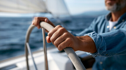 Man's hands grip the sailboat's helm, actively steering a course across the open ocean, reflecting themes of navigation, control, decision making, and exploration © Tetyana