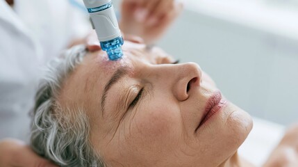Fototapeta premium Senior woman receiving advanced facial treatment with modern hydrodermabrasion device