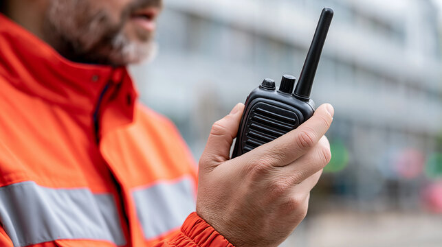 Worker wearing an orange high visibility jacket using a walkie talkie for communication, coordinating emergency response and ensuring safety at an event or construction site