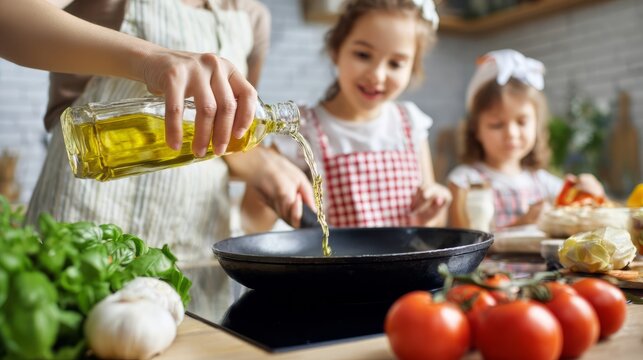 Woman pouring vegetable oil from glass bottle into frying pan. Happy children helping mother cook dinner in kitchen. Family lifestyle, domestic hobby, healthy nutrition, culinary activity.