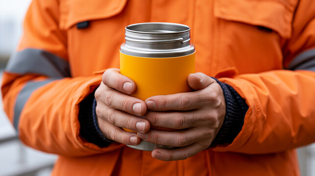 Worker wearing an orange safety jacket holding a yellow insulated thermos cup, warming hands and drinking hot coffee, tea, or soup during a break in cold outdoor weather