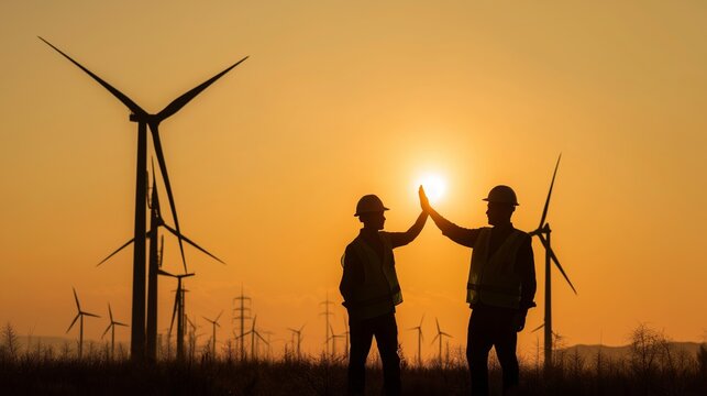 Engineers team giving high five at sunset wind farm, celebrating success in renewable energy project