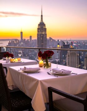 A rooftop dining setup overlooking the Manhattan skyline at sunset