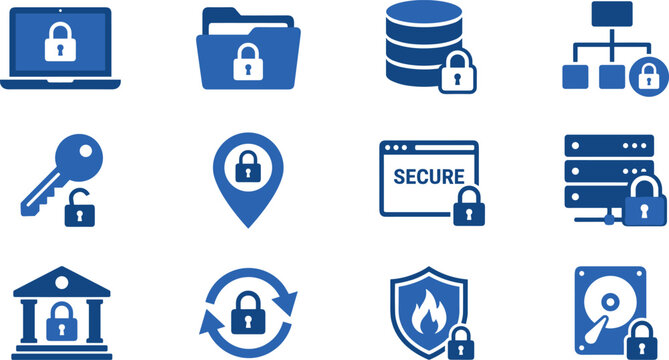 Cybersecurity icons collection showing database server storage file protection firewalls and secure networks.