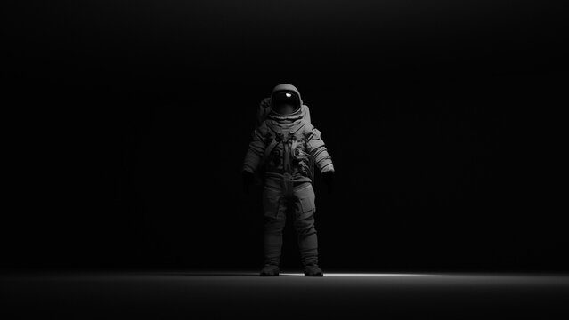 Dramatic Standing Astronaut Spacesuit Dark Background Sci Fi Mysterious Spotlight Isolated Figure 3d illustration